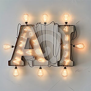 The word AI spelled out with glowing lightbulbs on bright background, ideas driven by AI.