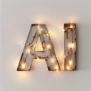 The word AI spelled out with glowing lightbulbs on bright background, ideas driven by AI.