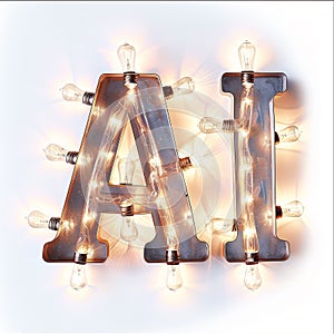 The word AI spelled out with glowing lightbulbs on bright background, ideas driven by AI.