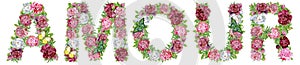Word AMOUR of watercolor flowers for decoration