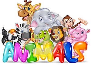 Word animal with cartoon wild animal