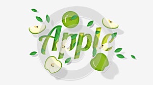 Word apple design decorated with green apple fruits and leaves in paper art style