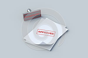 Word approved on stamp on paper sheets. Documents approval concept