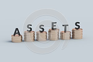 Word assets on coins. Business concept. Liquidity and value. Financial resources. Return on assets