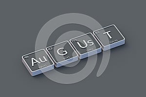 Word august in periodic table of elements style on metallic buttons