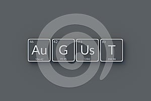 Word august in periodic table of elements style on metallic buttons