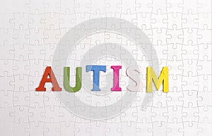 Word Autism on the background of the white puzzle. Autism Awareness Day