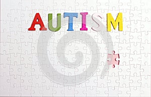 Word Autism on the background of the white puzzle. Autism Awareness Day