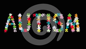 Word AUTISM made of multi colored puzzle pieces on black background. Vector illustration.