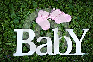 The word `Baby` made of white wooden letters, and pink baby booties, lies on the background of a green grass