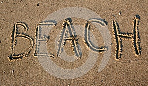 Word Beach handwritten in sand