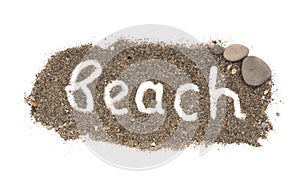 The word beach is written on sand on isolated background