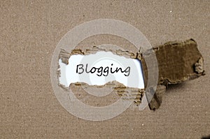 The word blogging appearing behind torn paper