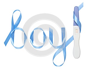 Word boy written gift ribbon. Positive pregnancy test