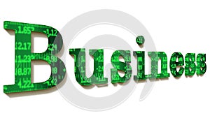 The word business with a green stock ticker