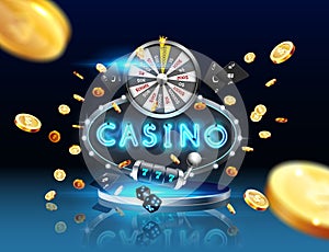 The word Casino, surrounded by a luminous frame and attributes of gambling, on a explosion background