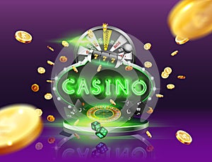 The word Casino, surrounded by a luminous frame and attributes of gambling, on a explosion background