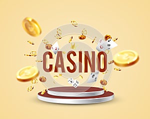 The word Casino, surrounded by a luminous frame and attributes of gambling, on a explosion background