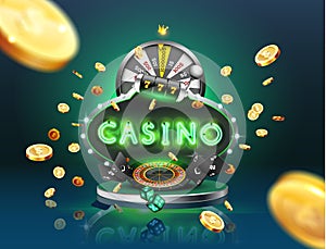 The word Casino, surrounded by a luminous frame and attributes of gambling, on a explosion background