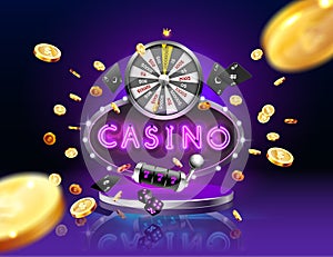 The word Casino, surrounded by a luminous frame and attributes of gambling, on a explosion background