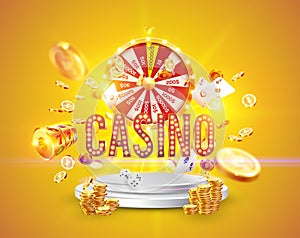The word Casino, surrounded by a luminous frame and attributes of gambling, on a explosion background