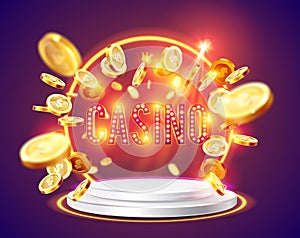 The word Casino, surrounded by a luminous frame and attributes of gambling, on a explosion background