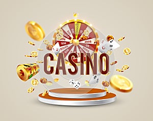 The word Casino, surrounded by a luminous frame and attributes of gambling, on a explosion background