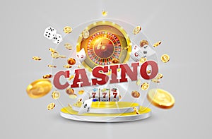 The word Casino, surrounded by a luminous frame and attributes of gambling, on a explosion background