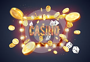 The word Casino, surrounded by a luminous frame and attributes of gambling, on a explosion background