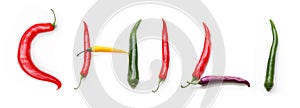 word CHILI made from red, purple, yellow and green chili peppers, alphabetic ABC letters made of chillies, peppers, vegan january