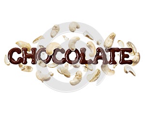 The word chocolate with cashew nuts on a white background