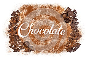 The word Chocolate written by cocoa powder with dark chocolate a