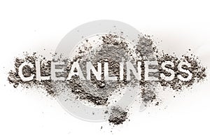 Word cleanliness as text in dirt, ash, dust, filth as filthy, ga
