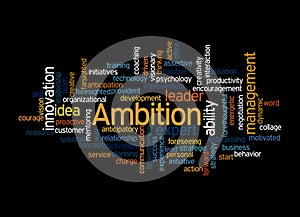 Word Cloud with AMBITION concept, isolated on a black background