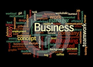 Word Cloud with BUSYNESS concept, isolated on a black background