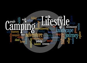 Word Cloud with CAMPING LIFESTYLE concept, isolated on a black background