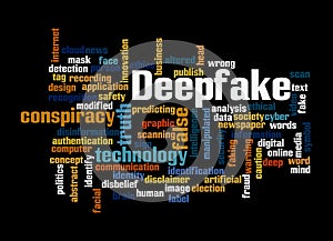 Word Cloud with DEEPFAKE concept, isolated on a black background photo