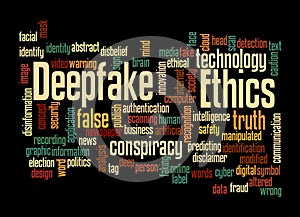 Word Cloud with DEEPFAKE ETHICS concept, isolated on a black background photo