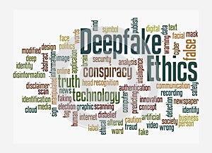 Word Cloud with DEEPFAKE ETHICS concept, isolated on a white background