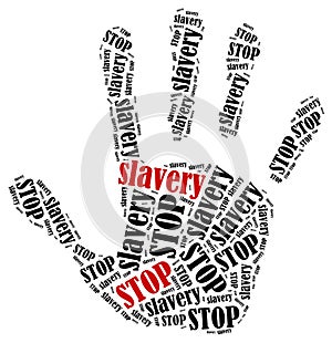 Word cloud illustration in shape of hand print showing protest.