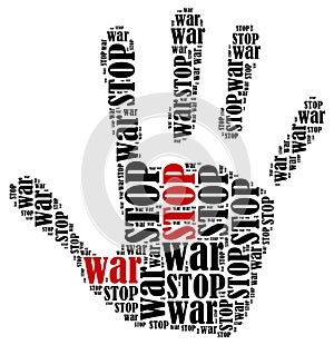 Word cloud illustration in shape of hand print showing protest.