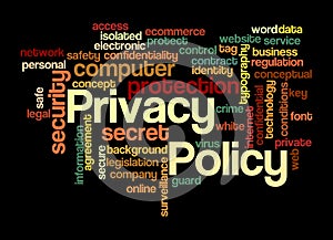 Word Cloud with PRIVACY POLICY concept, isolated on a black background