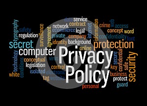 Word Cloud with PRIVACY POLICY concept, isolated on a black background