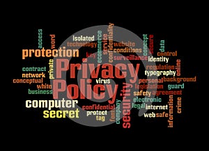 Word Cloud with PRIVACY POLICY concept, isolated on a black background