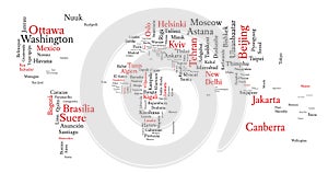 Word cloud in a shape of map contains all world capitals.