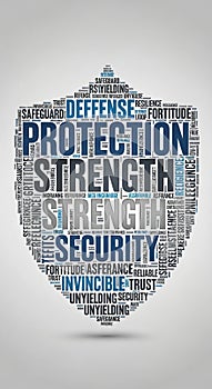 Word cloud in the shape of a shield featuring terms related to protection and security.