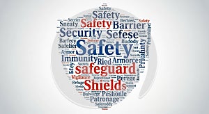 Word cloud in the shape of a shield featuring terms related to safety and security.