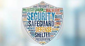 Word cloud in the shape of a shield featuring terms related to security and protection.