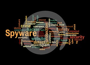 Word Cloud with SPYWARE concept, isolated on a black background