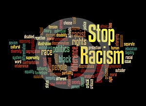 Word Cloud with STOP RACISM concept, isolated on a black background